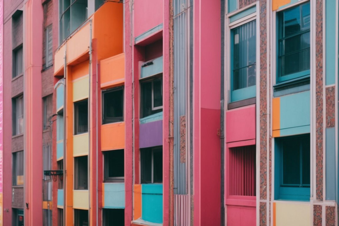 Brightly colored building with decorative film in Kansas City