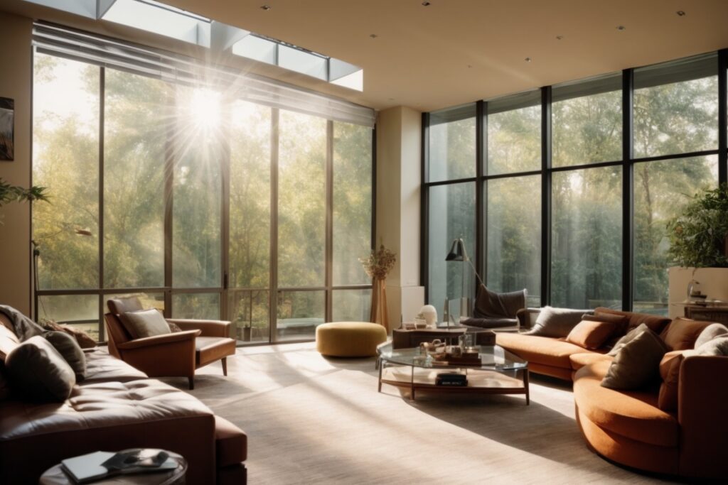 Interior living room with sunlight filtering through solar control window film