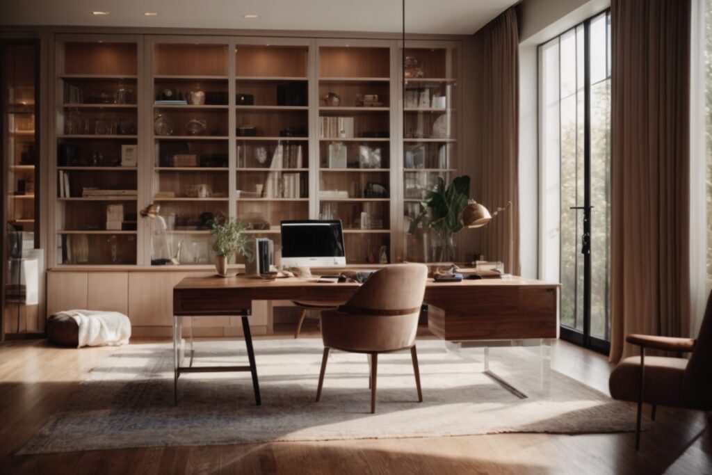 Interior home office with opaque windows, inviting softened natural light
