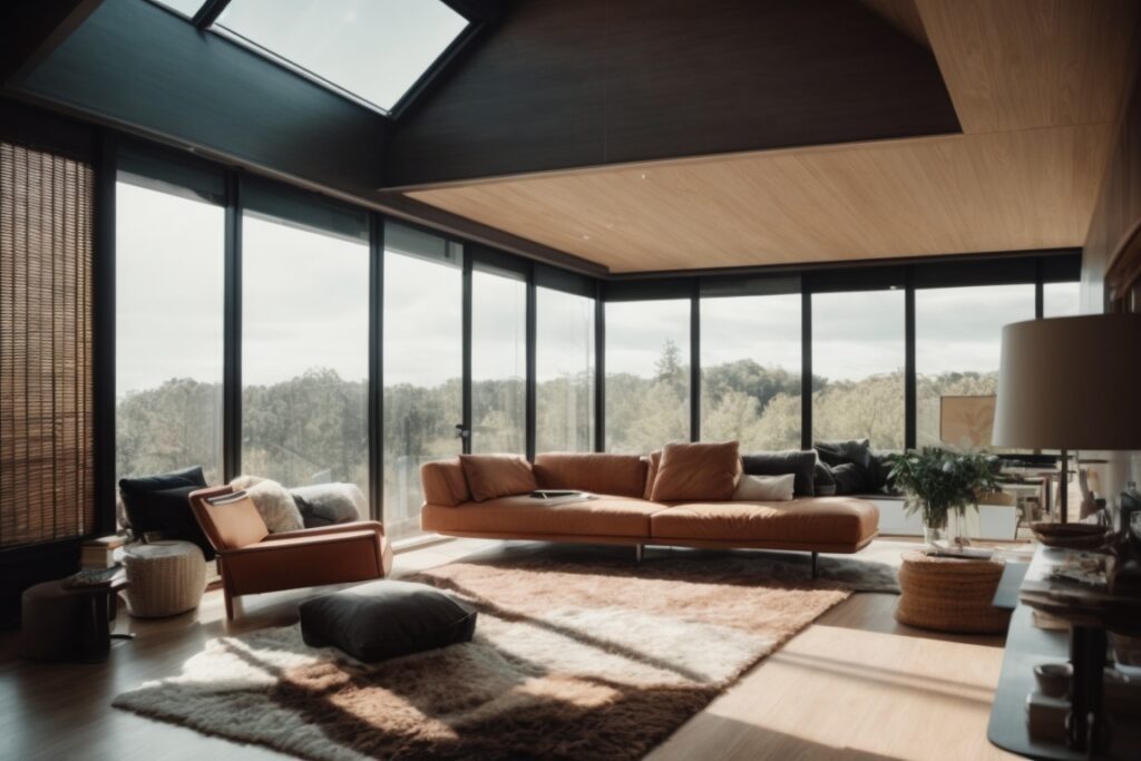 Cozy home interior with visible insulating window film