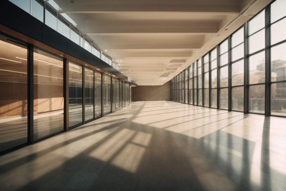 Modern office with sunlight filtering through tinted windows