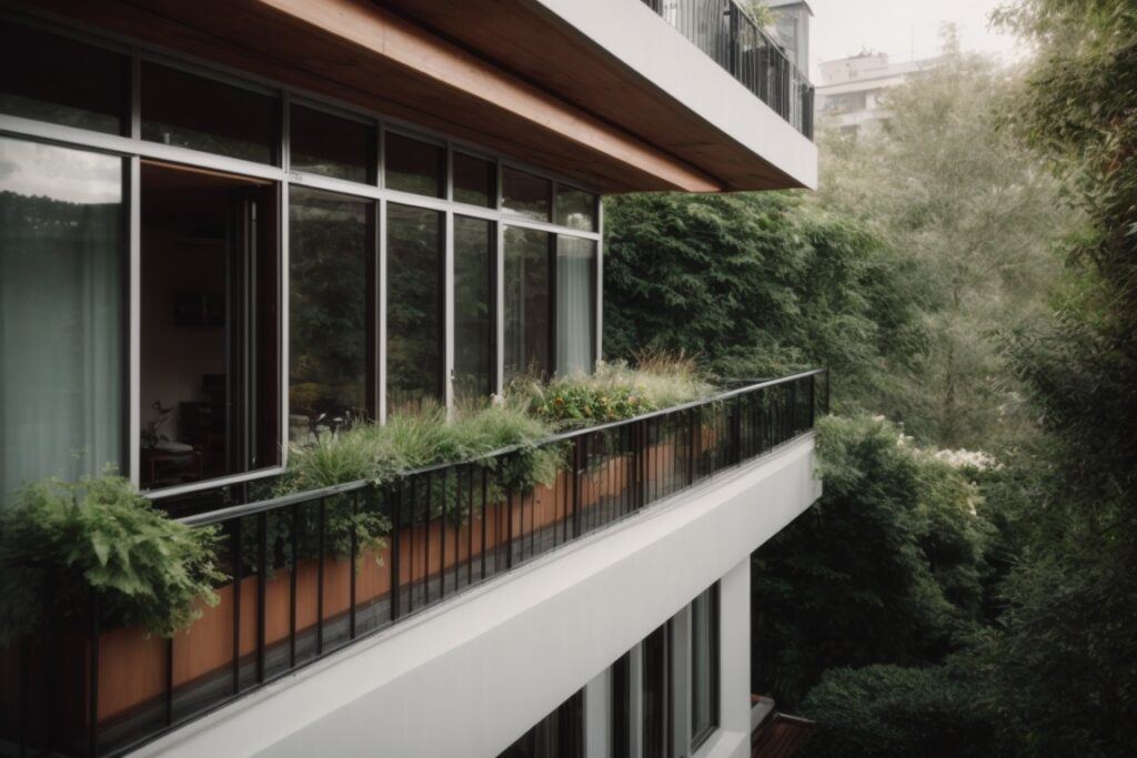 urban balcony with opaque windows and lush garden