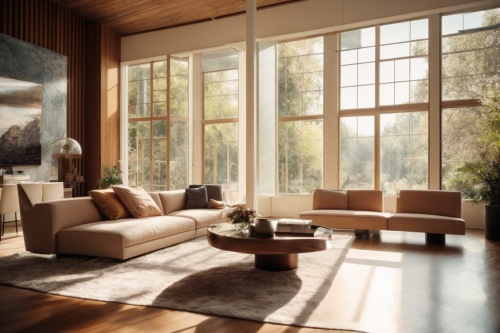 modern home interior featuring heat reduction window film in a sunny room