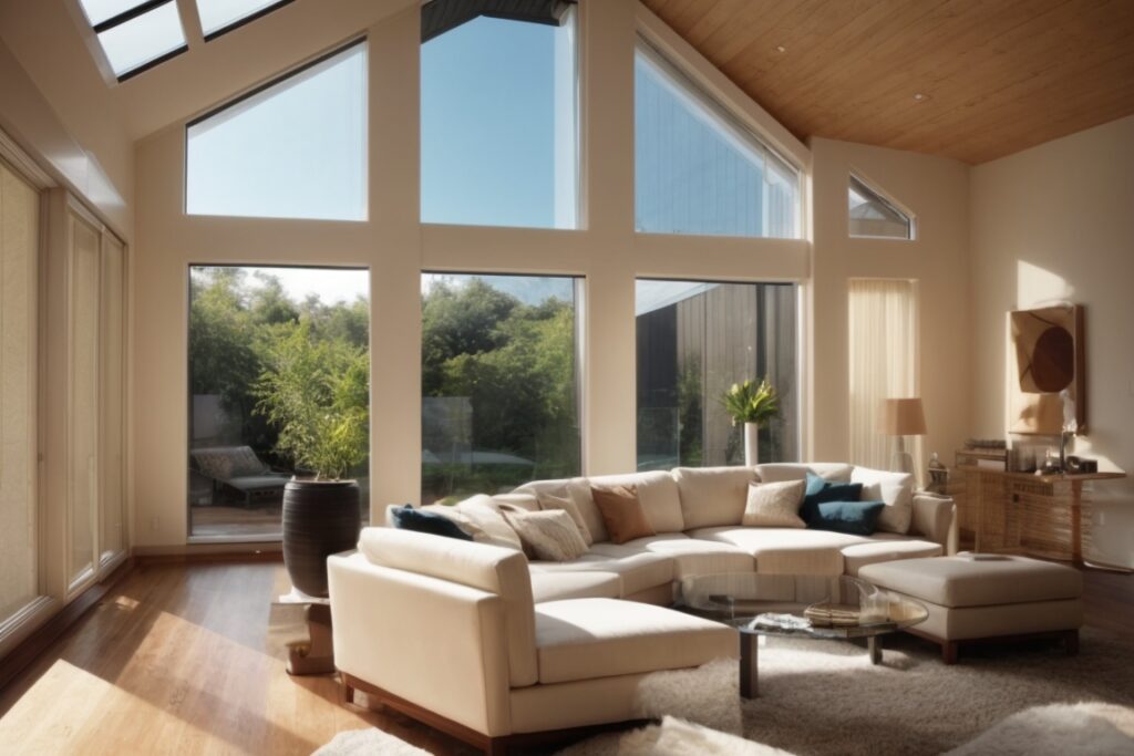 Modern living room with solar control window film reducing glare