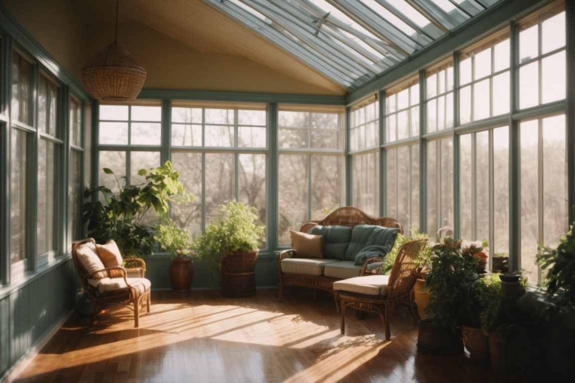 Interior of a sunroom in Kansas City with intense sunlight and glaring windows