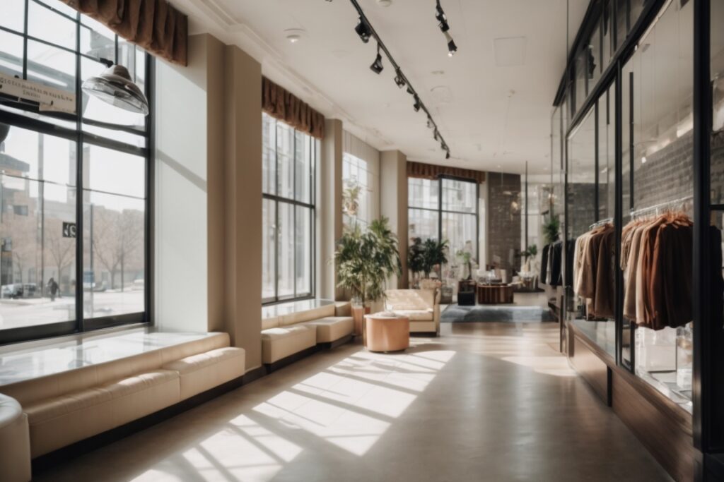 Interior of a boutique clothing store in Kansas City with clear energy efficient window film