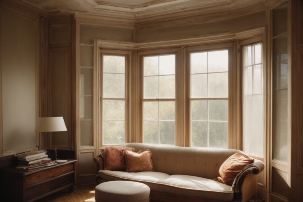 Interior of a home showing faded furniture and a window with fading window film