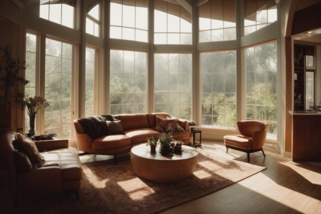Interior of a home with textured window film allowing light in but obscuring view