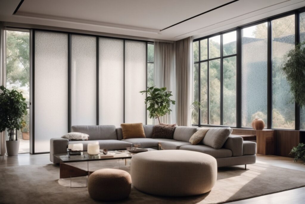 living room with frosted pattern window films enhancing privacy and decor