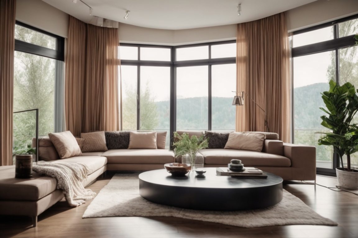 Modern living room interior with decorative window tints, soft light, luxurious decor