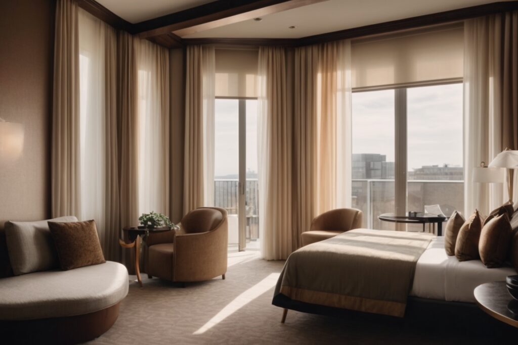 Boutique hotel suite interior with opaque frosted privacy windows