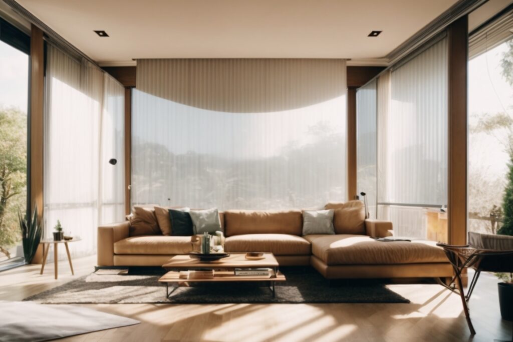 modern living room interior showing sunlight filtering through glare reduction window film