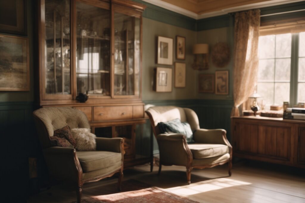 Interior home showing faded furniture with clear windows allowing sunlight