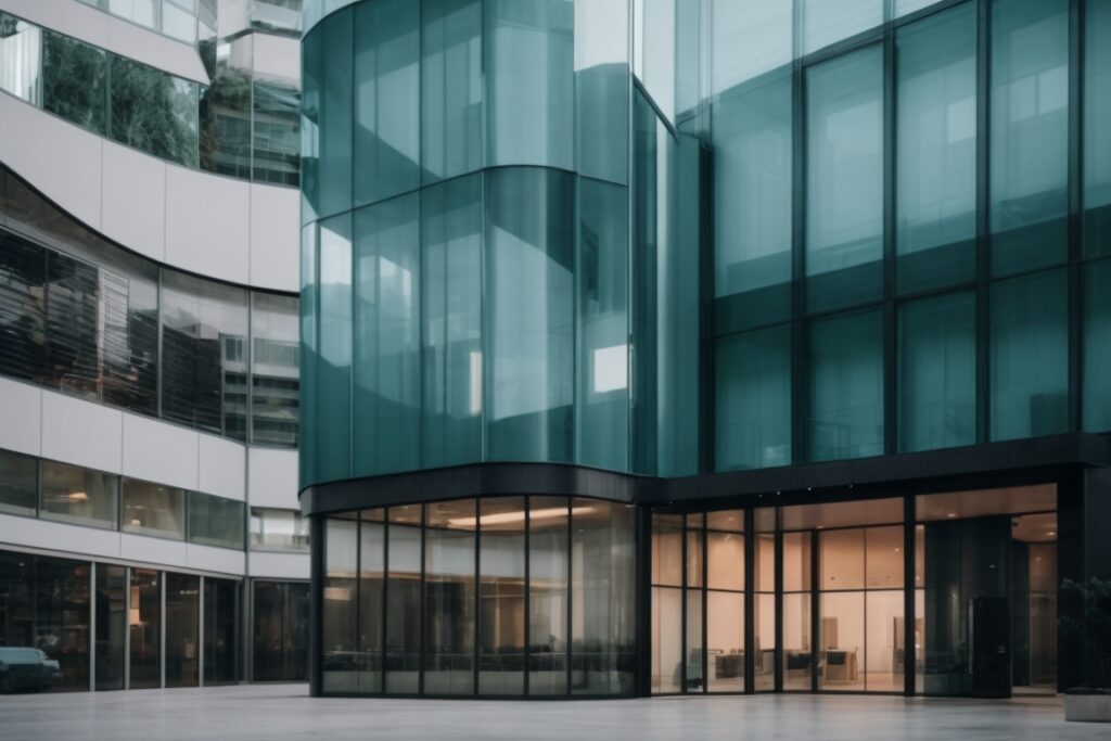 modern commercial building with energy-efficient window film, glass façade