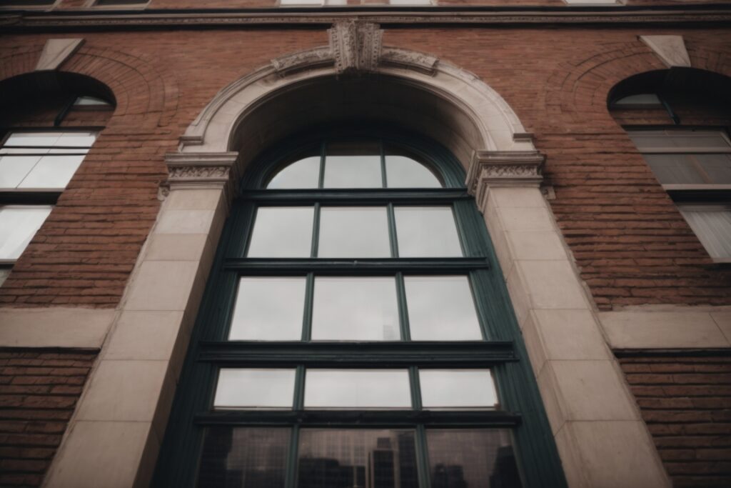 Historic Kansas City building with fading window film protecting interiors