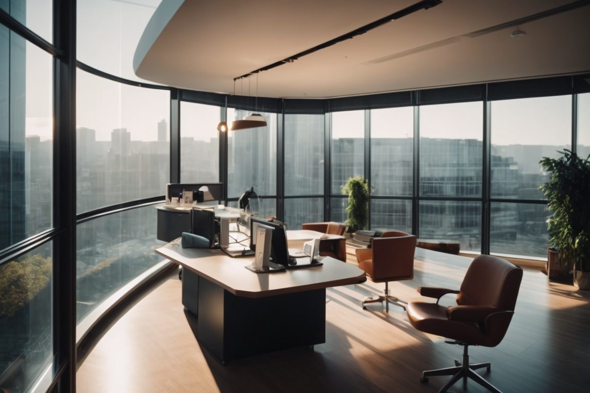 Modern office interior with ambient lighting and sun control window film