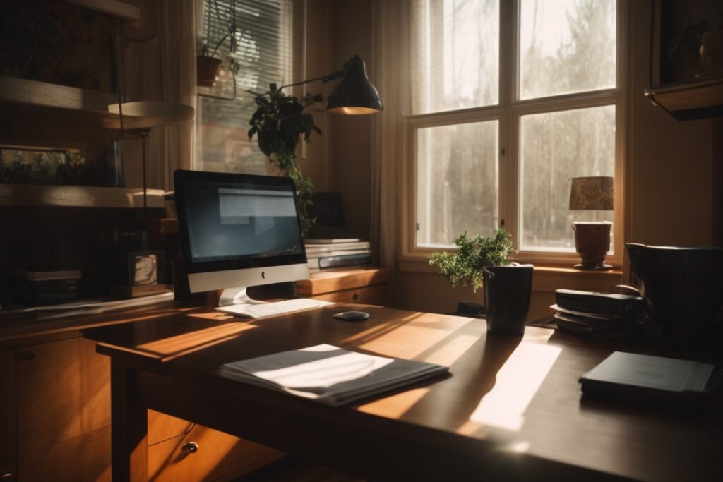 interior home office with sunlight glare on computer screen