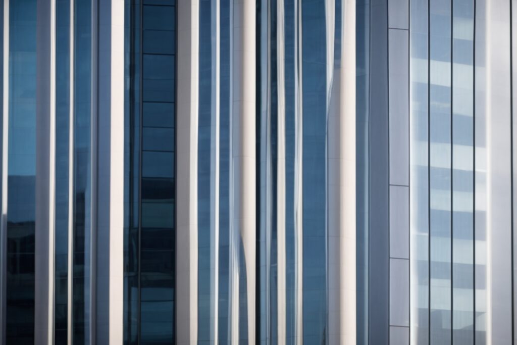Modern office building in Kansas City with spectrally selective window films, reflective glass surfaces reducing sunlight intensity