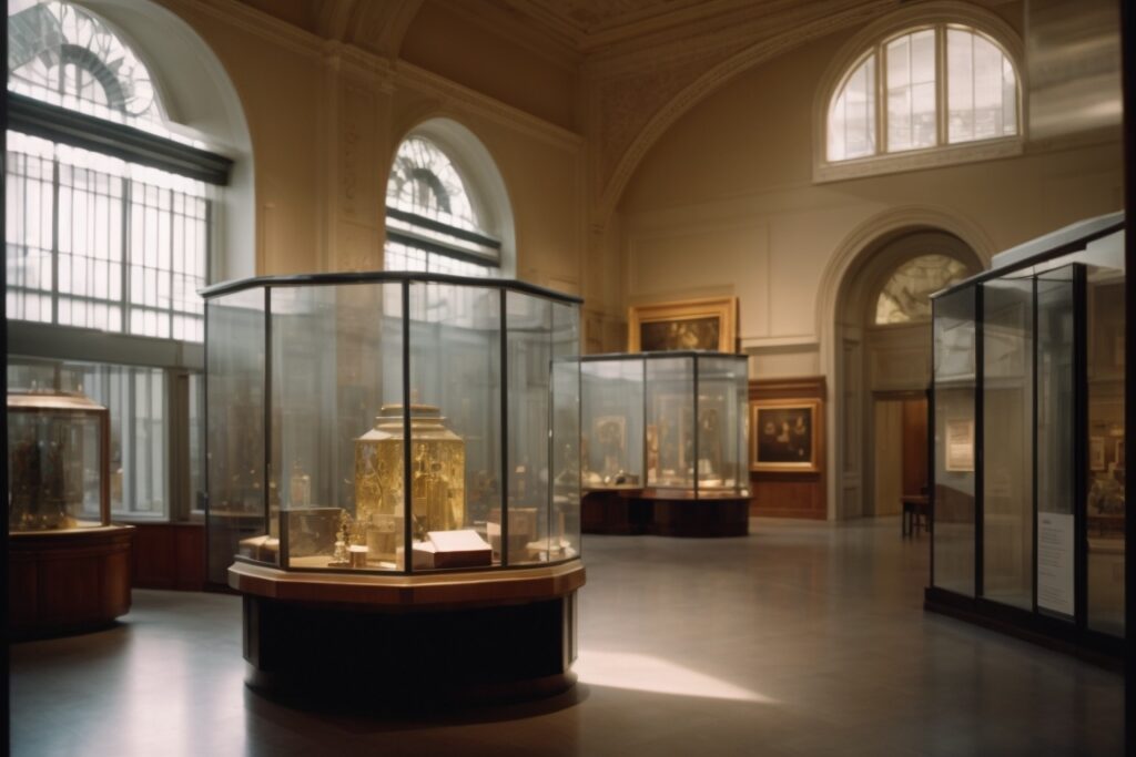 Museum interior with visible climate control window film and preserved artifacts