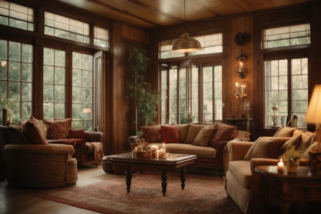 Warm, cozy living room with low-e glass film on windows, antique furniture, and soft lighting