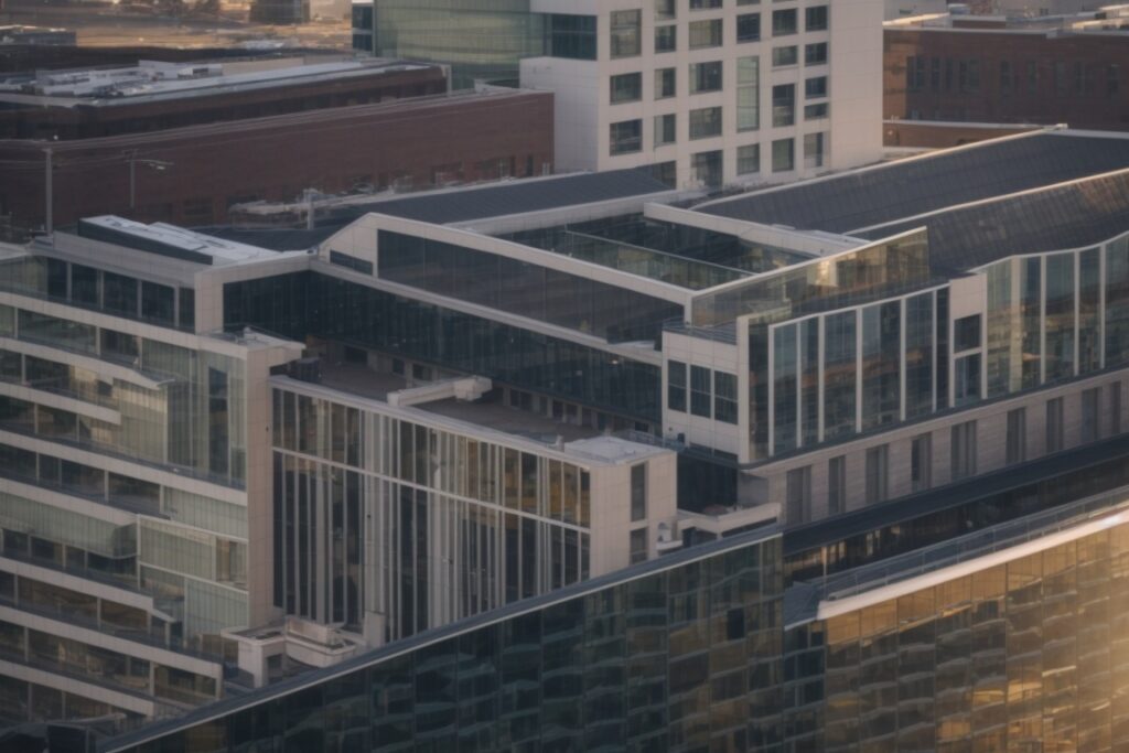 Exterior view of Kansas City building with heat control window film, reflecting sunlight