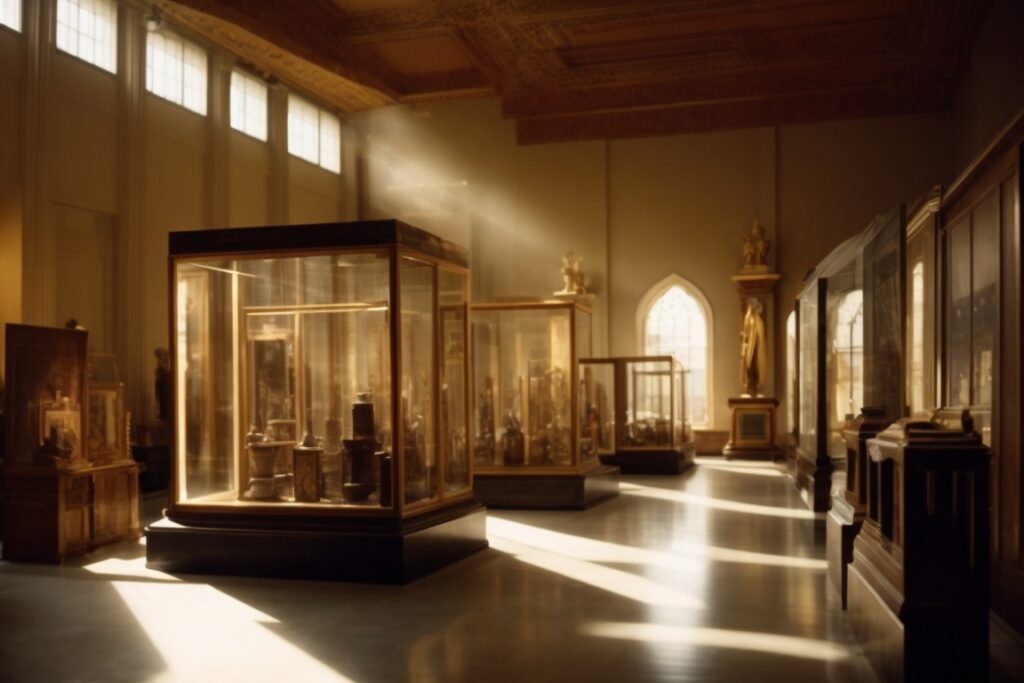 museum interior with artifacts illuminated by sunlight through opaque windows