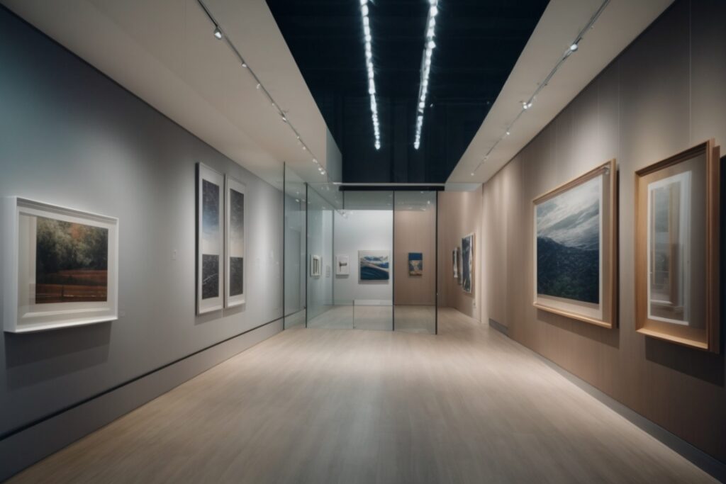 Art gallery interior with opaque frosted privacy film on windows