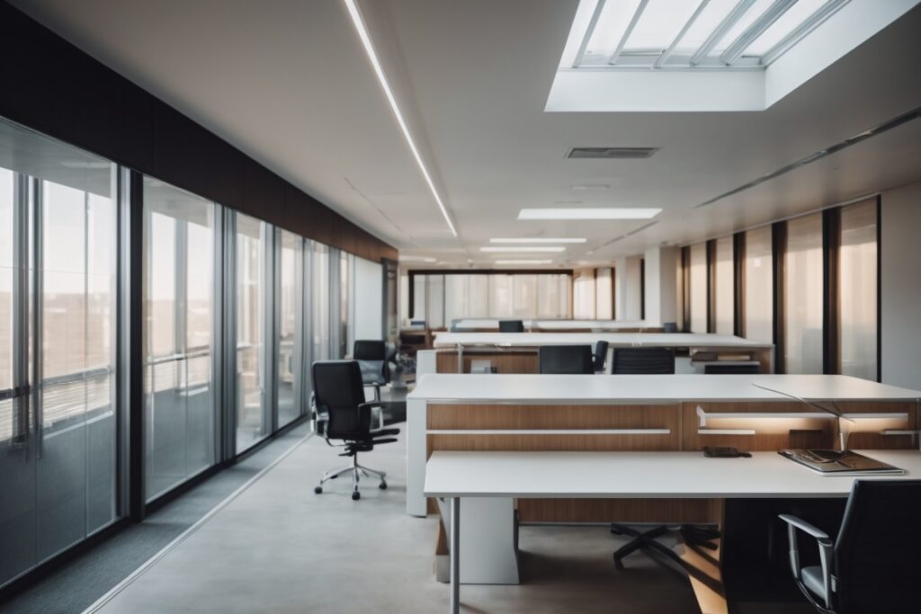 modern office with frosted opaque windows, stylish interior