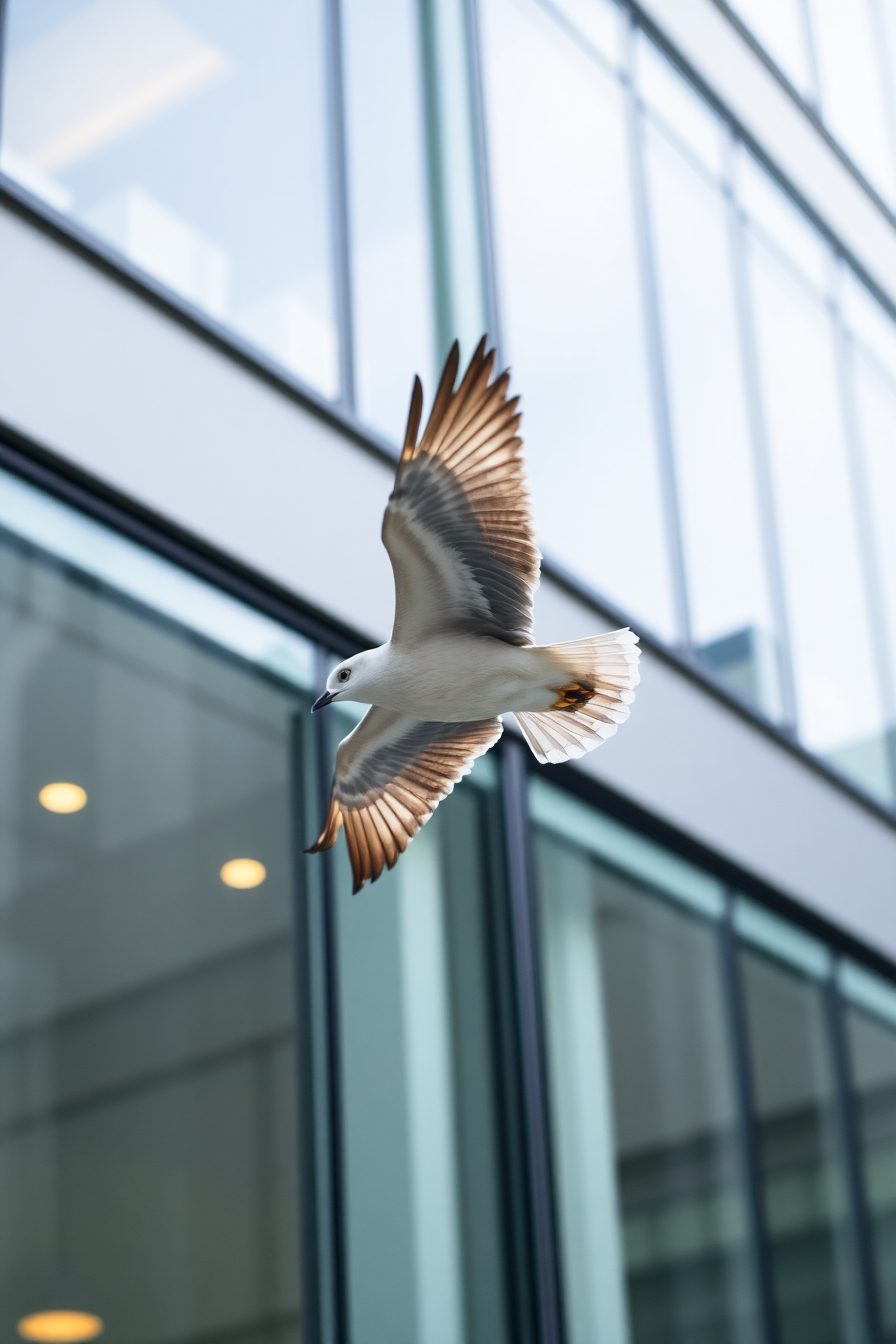 Birds flying safely around collision prevention window film installation in Kansas City demonstrating effective environmental protection